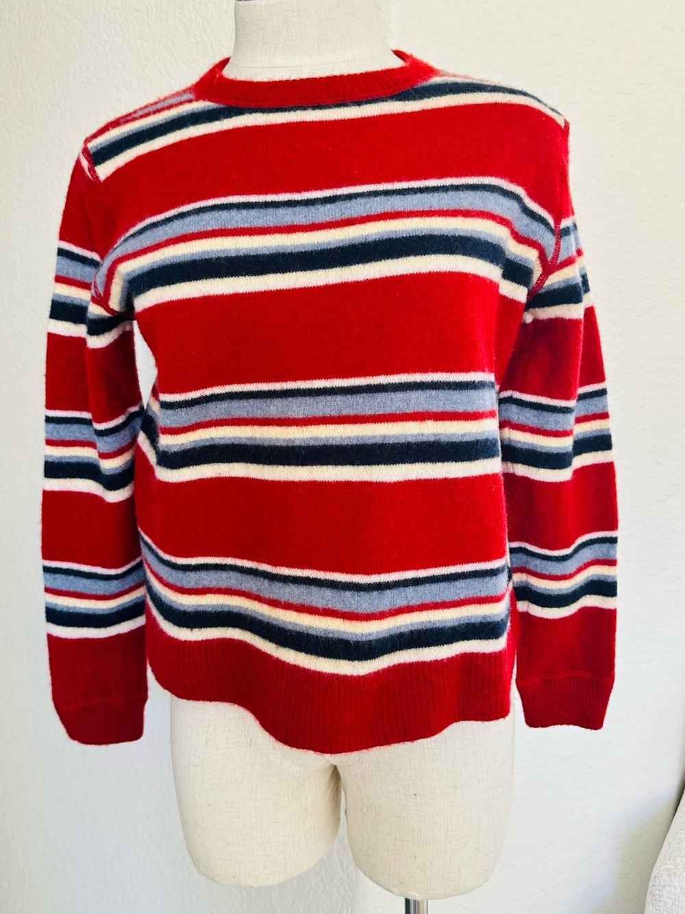 Reformation Red Crewneck Sweater with Navy, White, and Gray Stripes